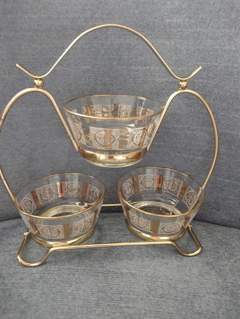 MCM Libbey Gold Metal Caddy Rack 3 Glass Bowls 22 Karat Gold Detail